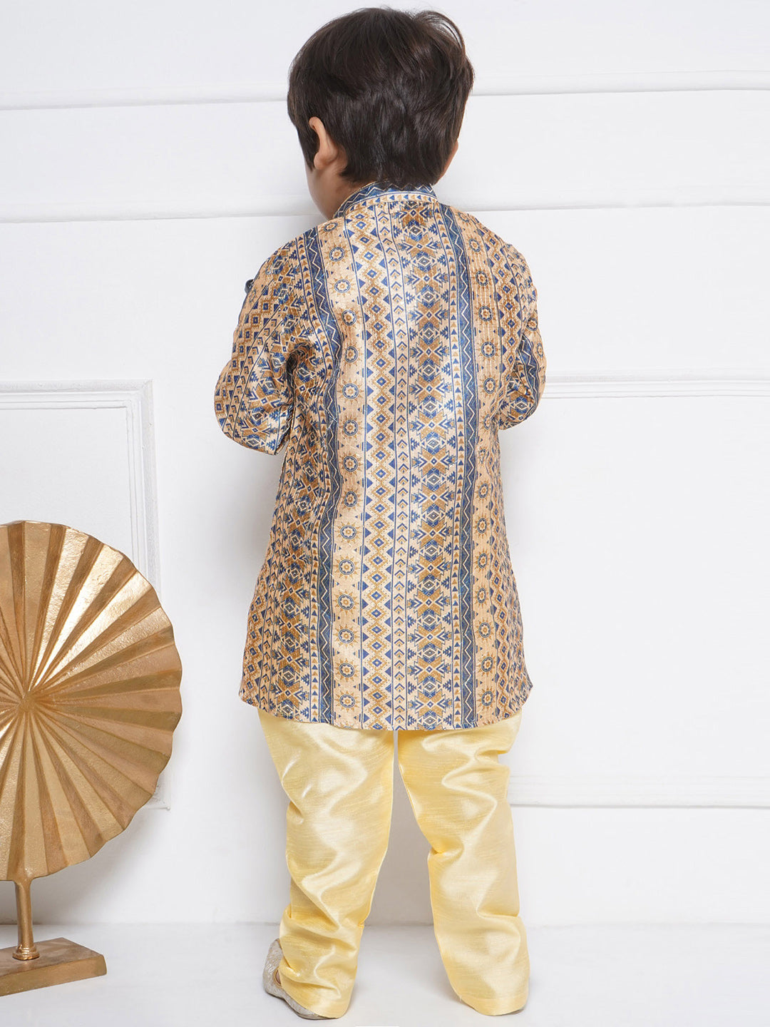 Kids Boys BEIGE Printed Silk Blend Kurta Pyjama Set - AJ Dezines