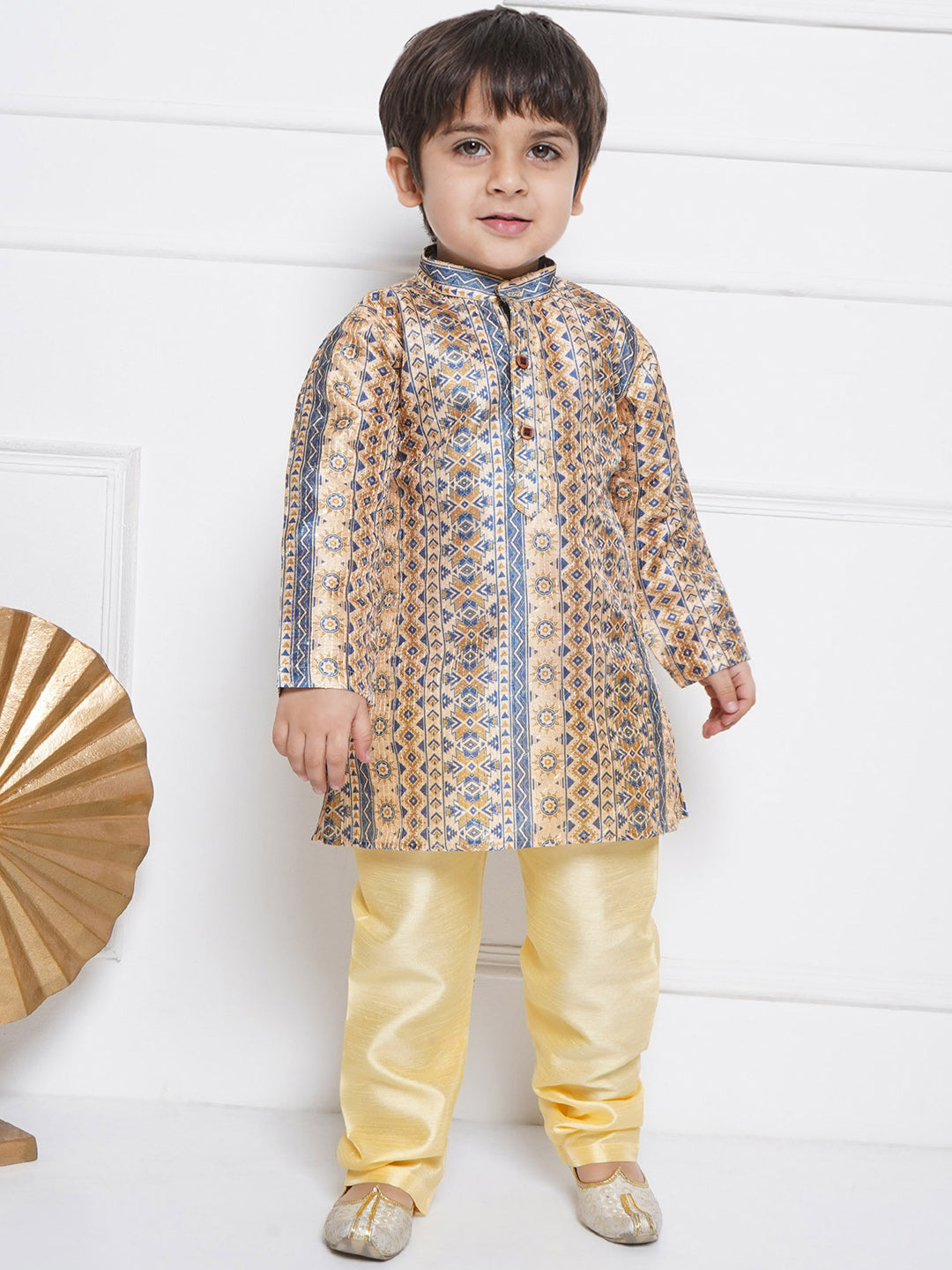 Kids Boys BEIGE Printed Silk Blend Kurta Pyjama Set - AJ Dezines