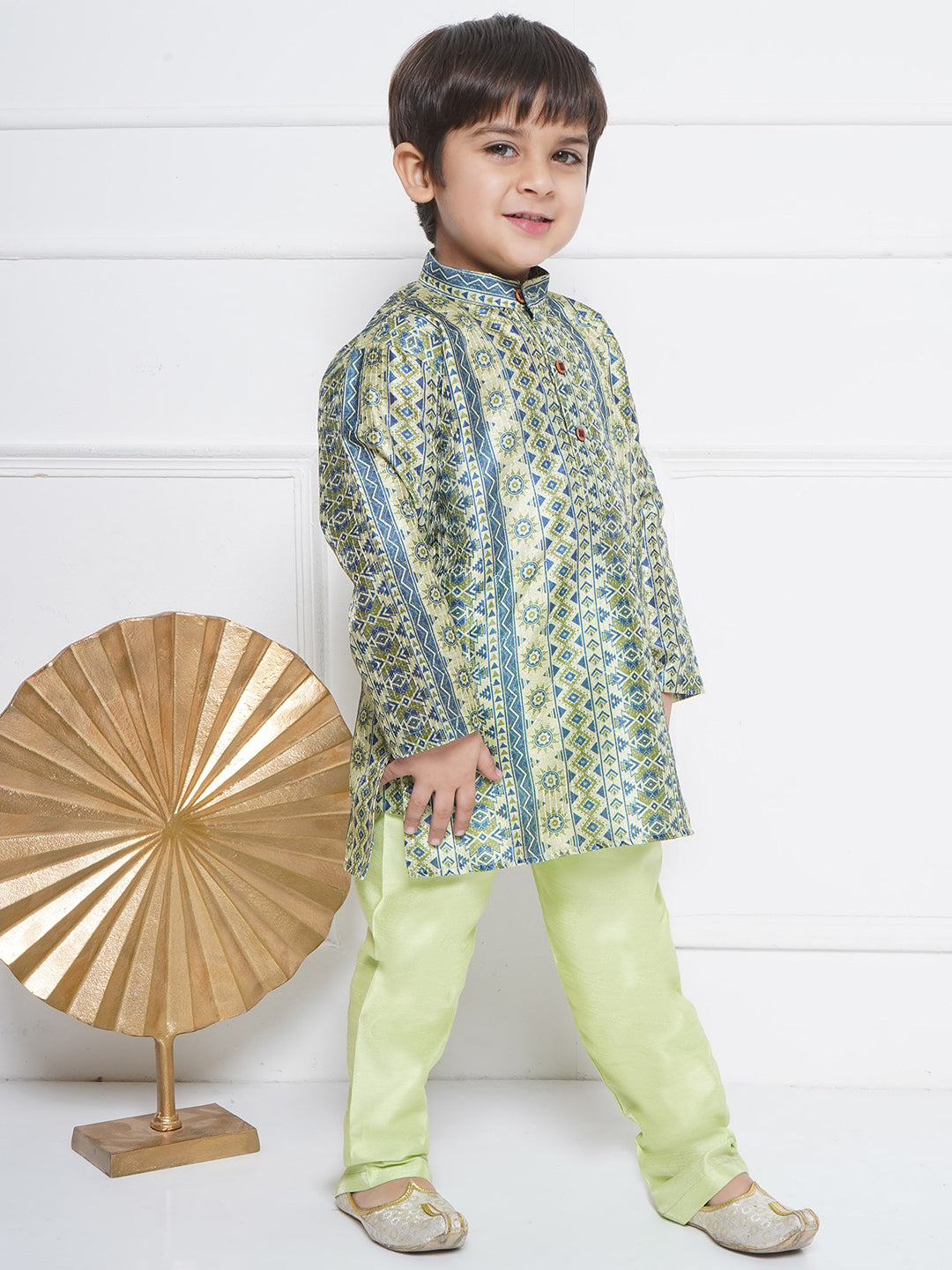 Kids Boys Green Printed Cotton Kurta Pyjama Set - AJ Dezines