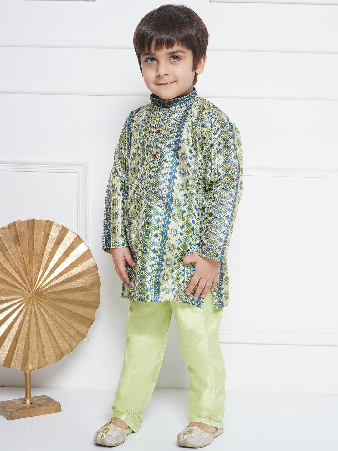 Kids Boys Green Printed Cotton Kurta Pyjama Set - AJ Dezines