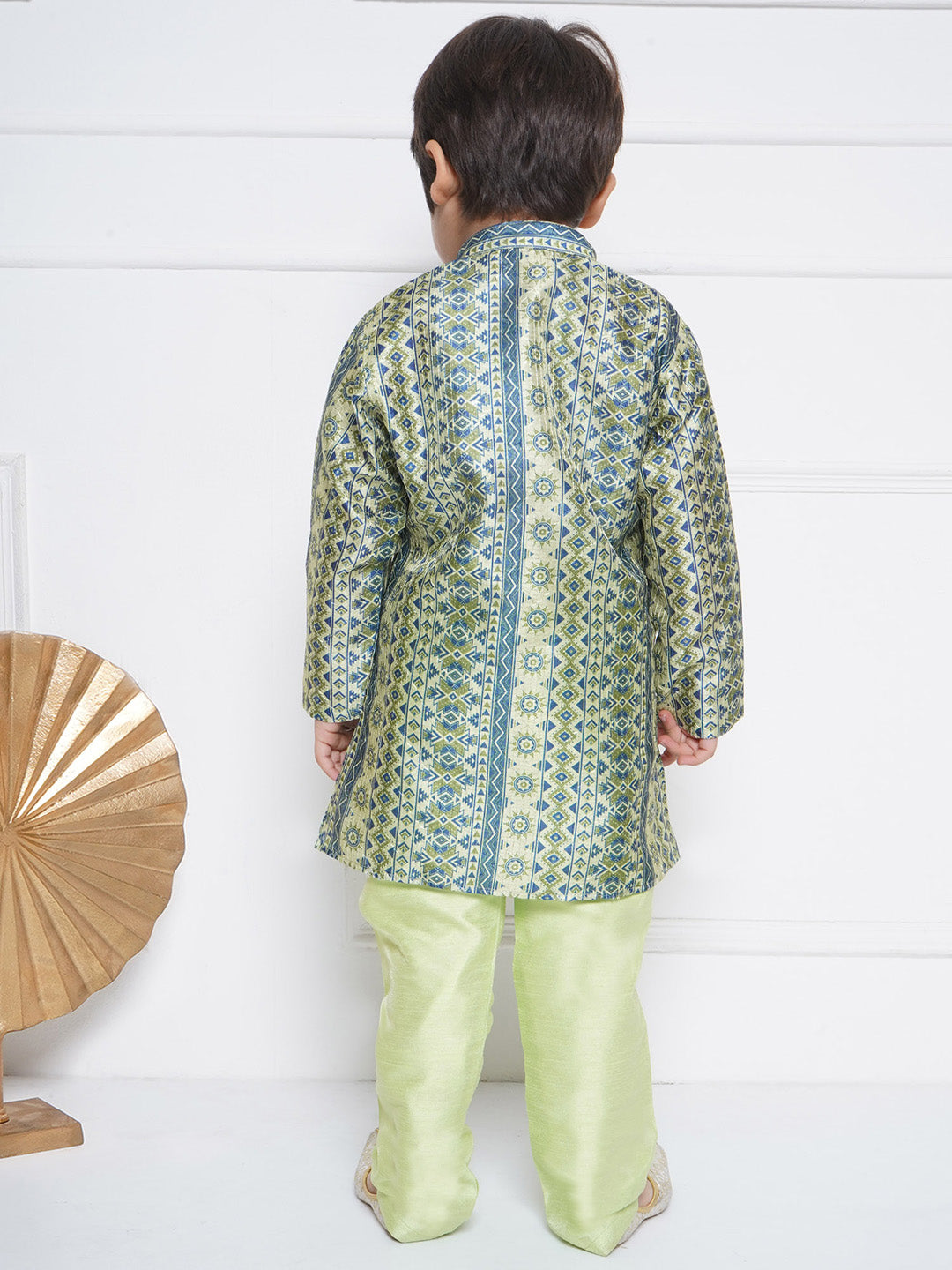 Kids Boys Green Printed Cotton Kurta Pyjama Set - AJ Dezines