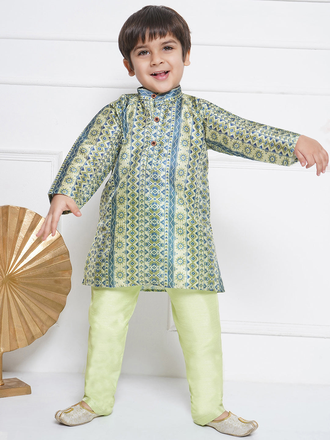 Kids Boys Green Printed Cotton Kurta Pyjama Set - AJ Dezines