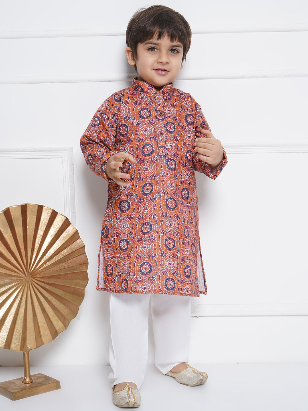 Kids Boys Orange Embroidered Cotton Kurta Pyjama Set - AJ Dezines