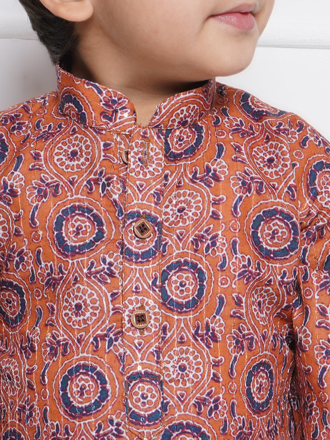 Kids Boys Orange Embroidered Cotton Kurta Pyjama Set - AJ Dezines
