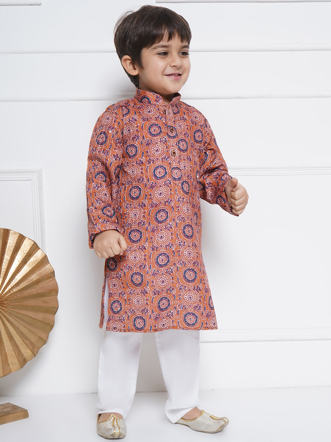 Kids Boys Orange Embroidered Cotton Kurta Pyjama Set - AJ Dezines