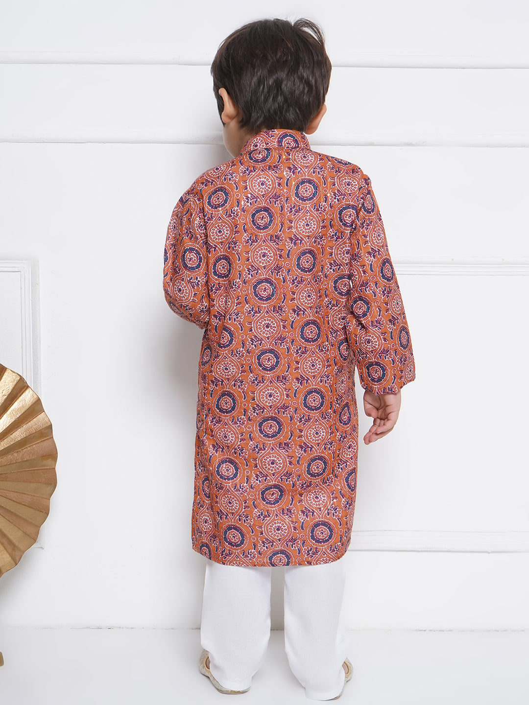 Kids Boys Orange Embroidered Cotton Kurta Pyjama Set - AJ Dezines