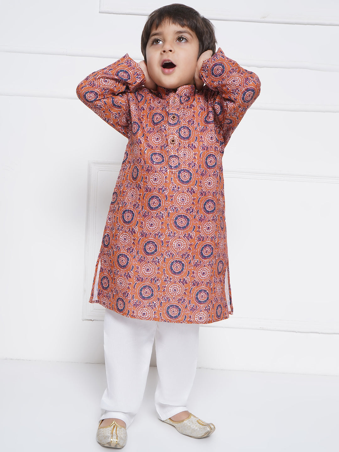 Kids Boys Orange Embroidered Cotton Kurta Pyjama Set - AJ Dezines