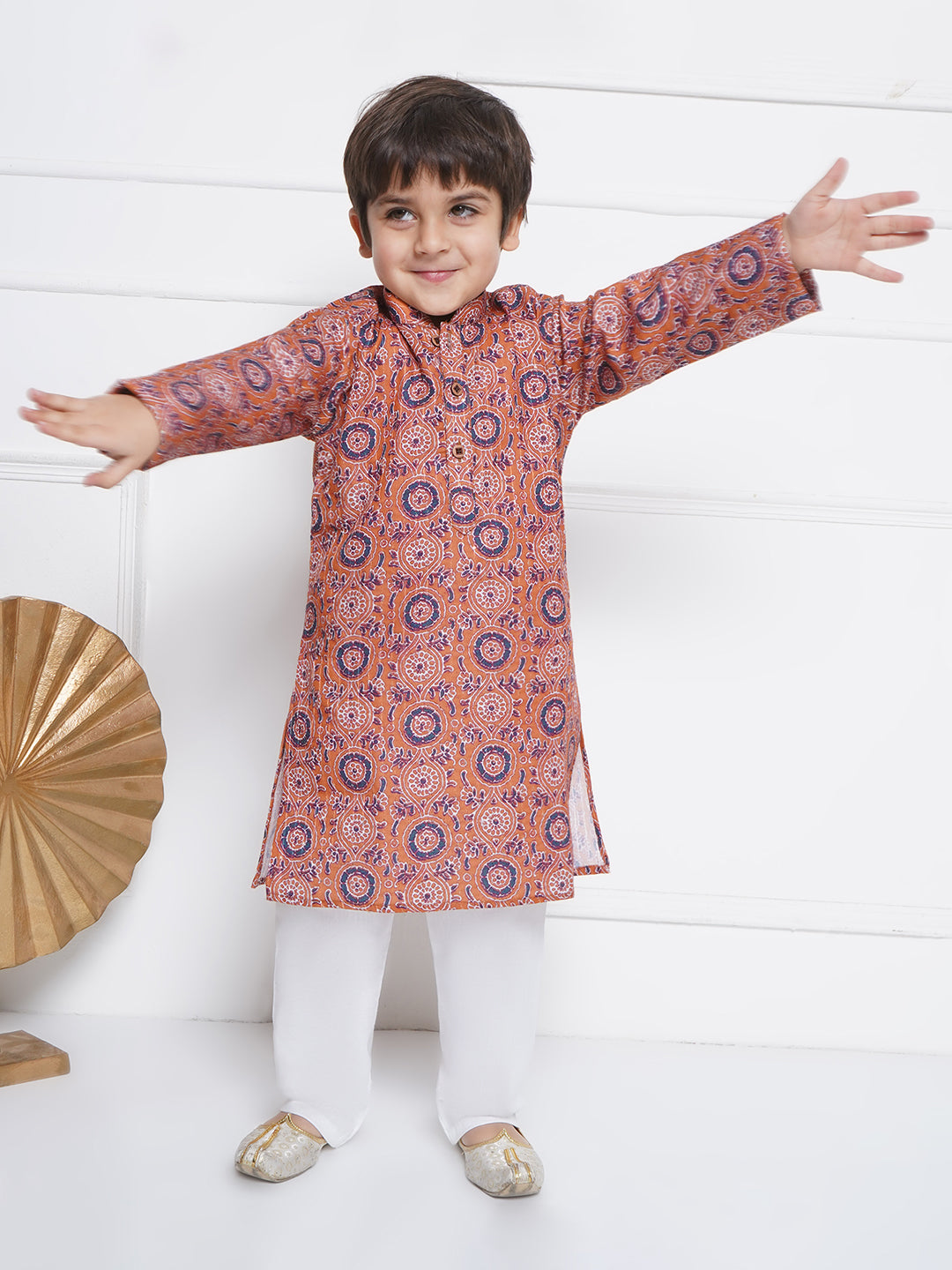 Kids Boys Orange Embroidered Cotton Kurta Pyjama Set - AJ Dezines