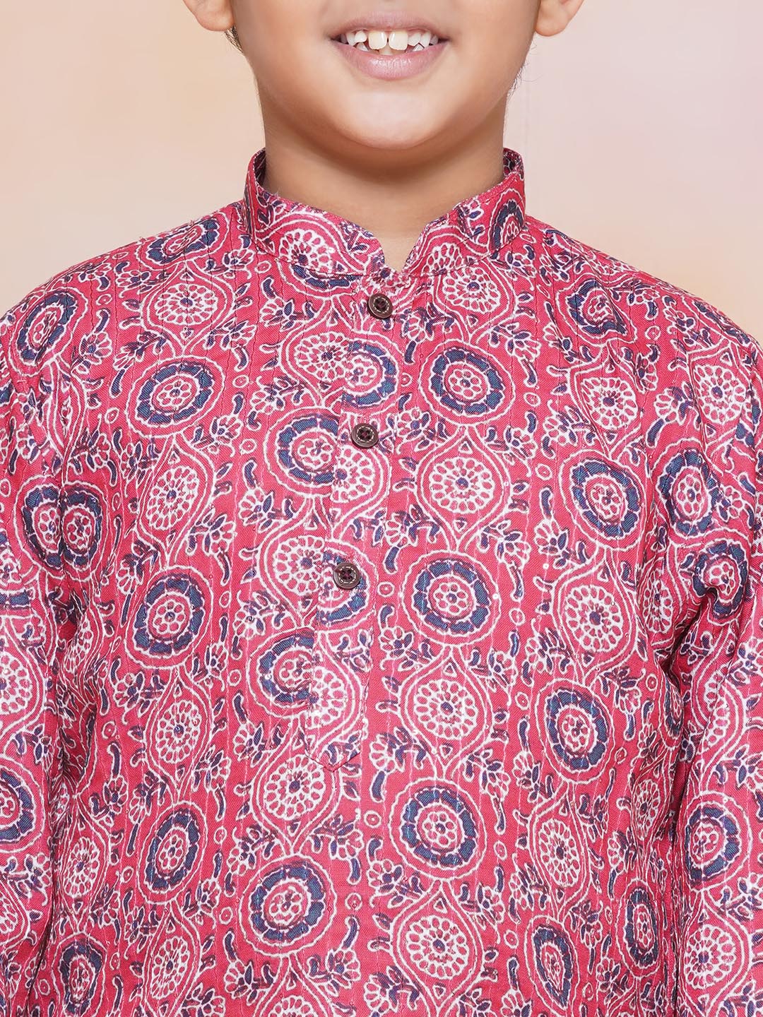 Kids Boys Pink Floral Print Cotton Kurta Pyjama Set - AJ Dezines