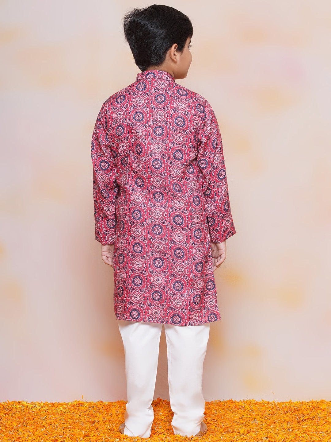 Kids Boys Pink Floral Print Cotton Kurta Pyjama Set - AJ Dezines