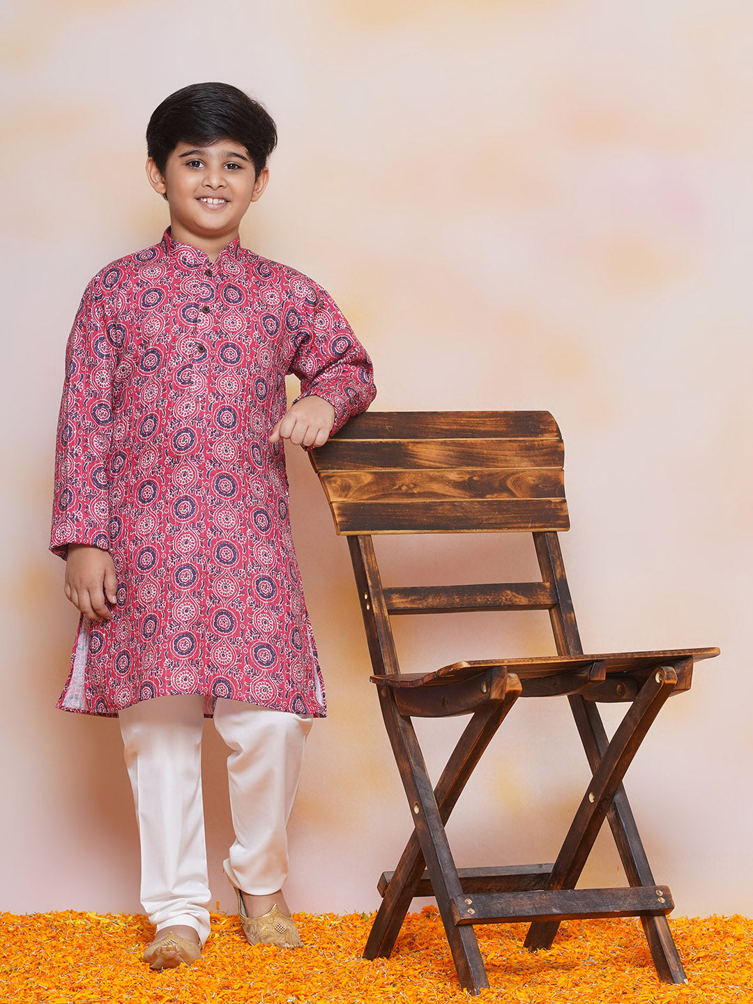 Kids Boys Pink Floral Print Cotton Kurta Pyjama Set - AJ Dezines