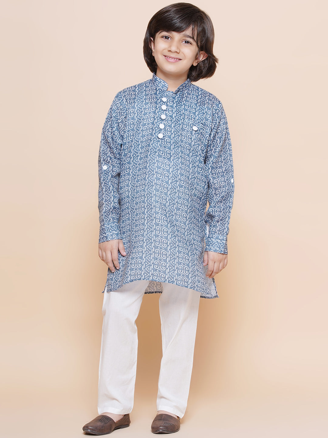 Kids Boys Blue Printed Cotton Kurta Pyjama Set - AJ Dezines