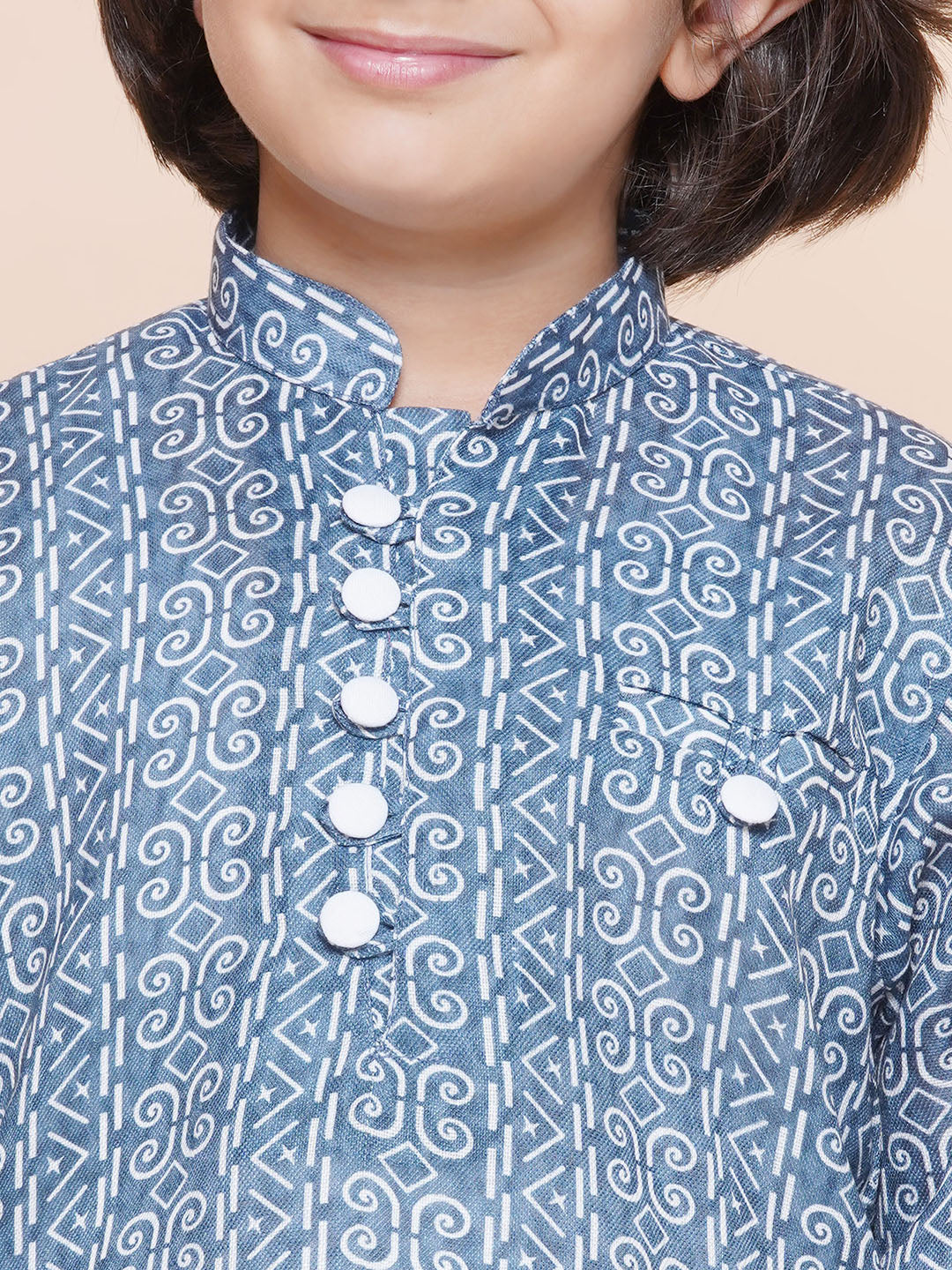 Kids Boys Blue Printed Cotton Kurta Pyjama Set - AJ Dezines