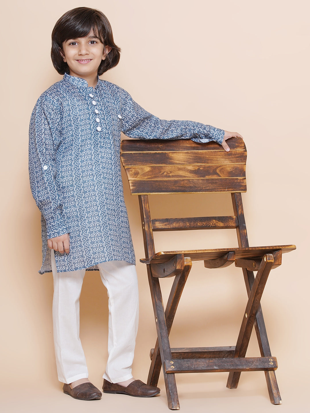 Kids Boys Blue Printed Cotton Kurta Pyjama Set - AJ Dezines
