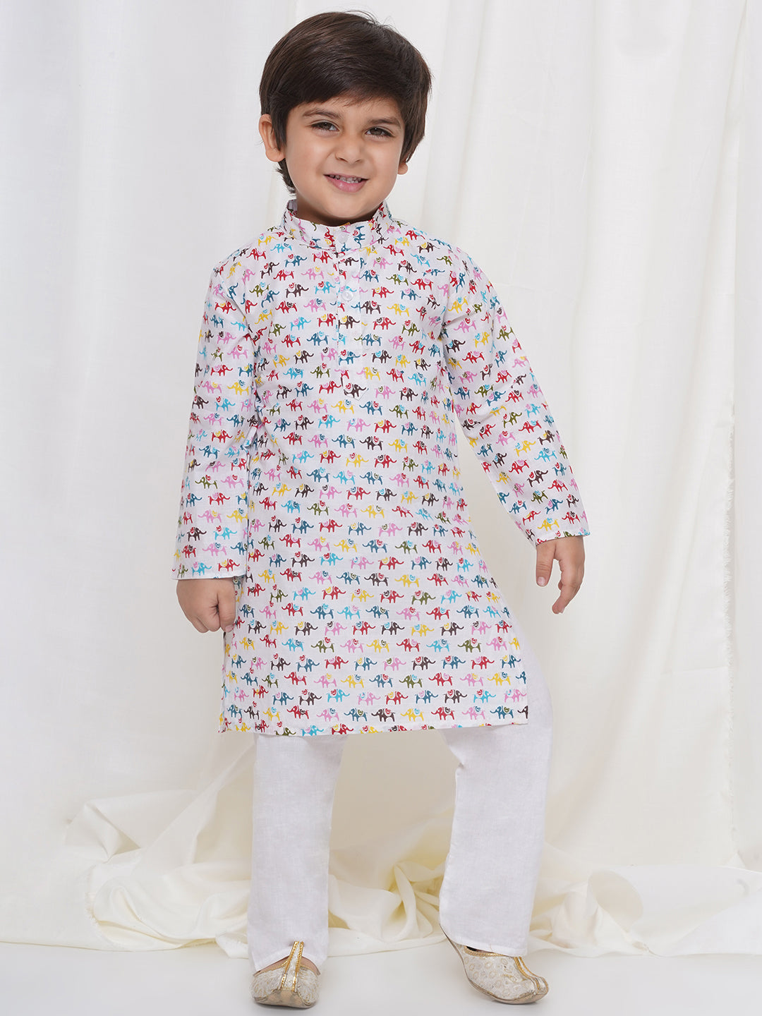 Kids Boys Cream Animal Print Cotton Kurta Pyjama Set - AJ Dezines