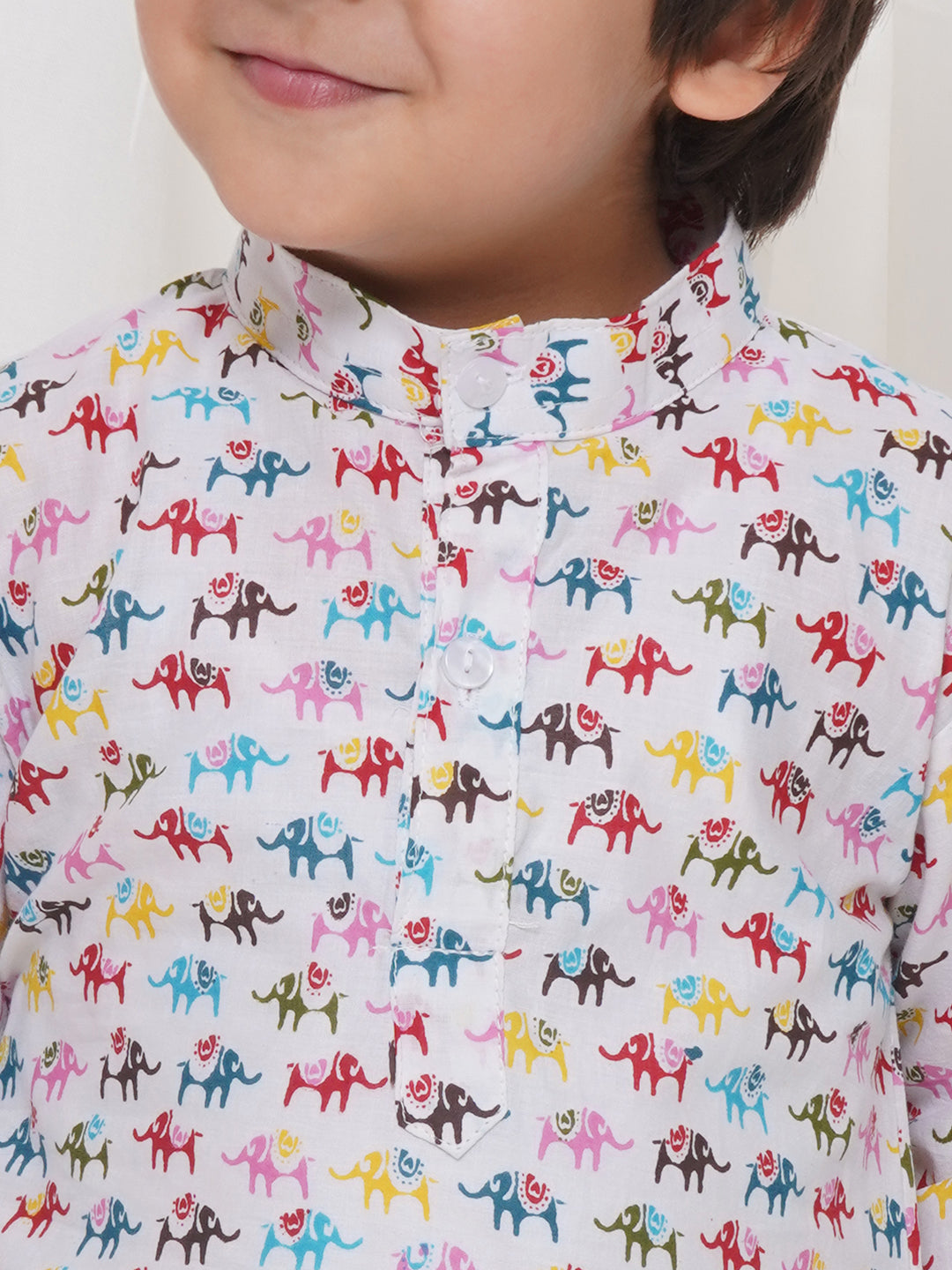 Kids Boys Cream Animal Print Cotton Kurta Pyjama Set - AJ Dezines