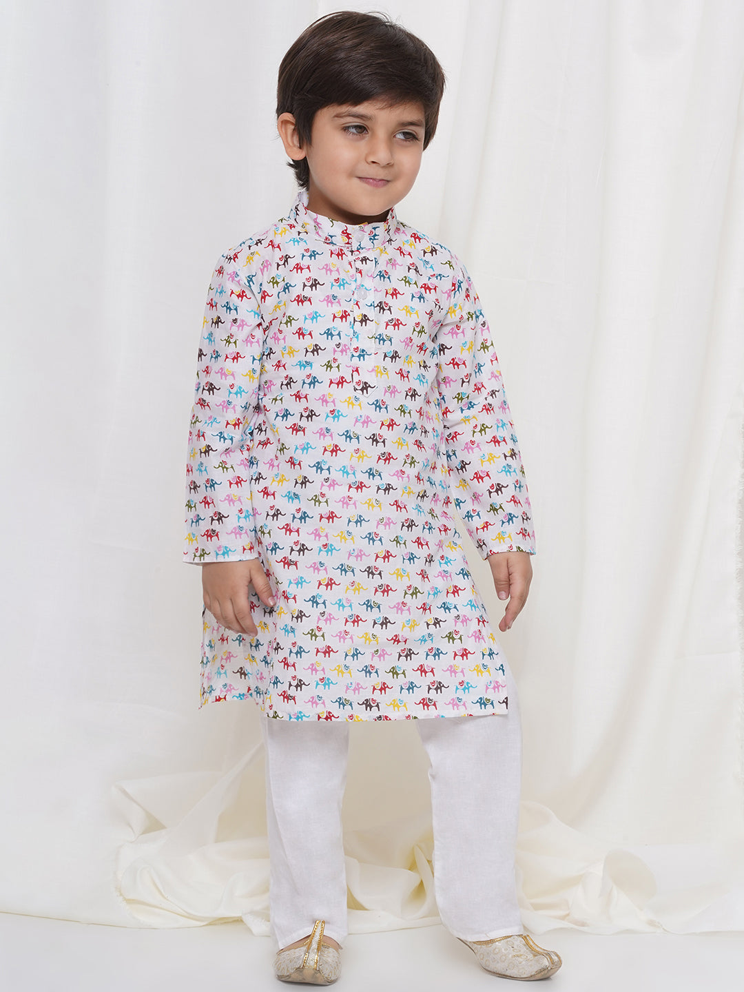 Kids Boys Cream Animal Print Cotton Kurta Pyjama Set - AJ Dezines