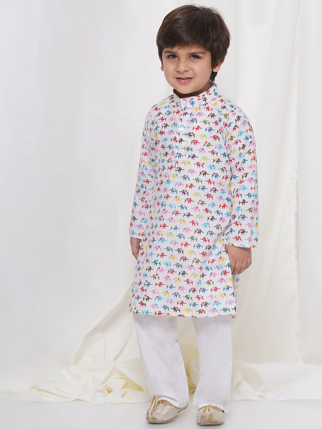 Kids Boys Cream Animal Print Cotton Kurta Pyjama Set - AJ Dezines