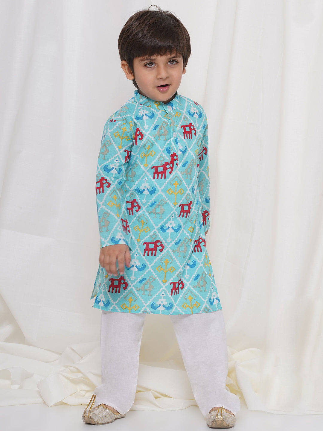 Kids Boys Grey Animal Print Cotton Kurta Pyjama Set - AJ Dezines