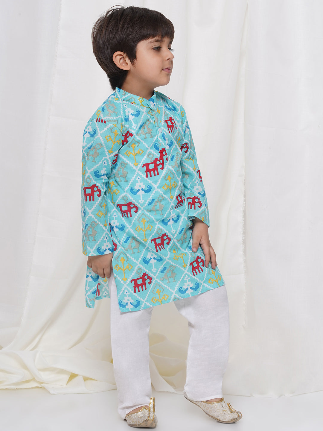 Kids Boys Grey Animal Print Cotton Kurta Pyjama Set - AJ Dezines