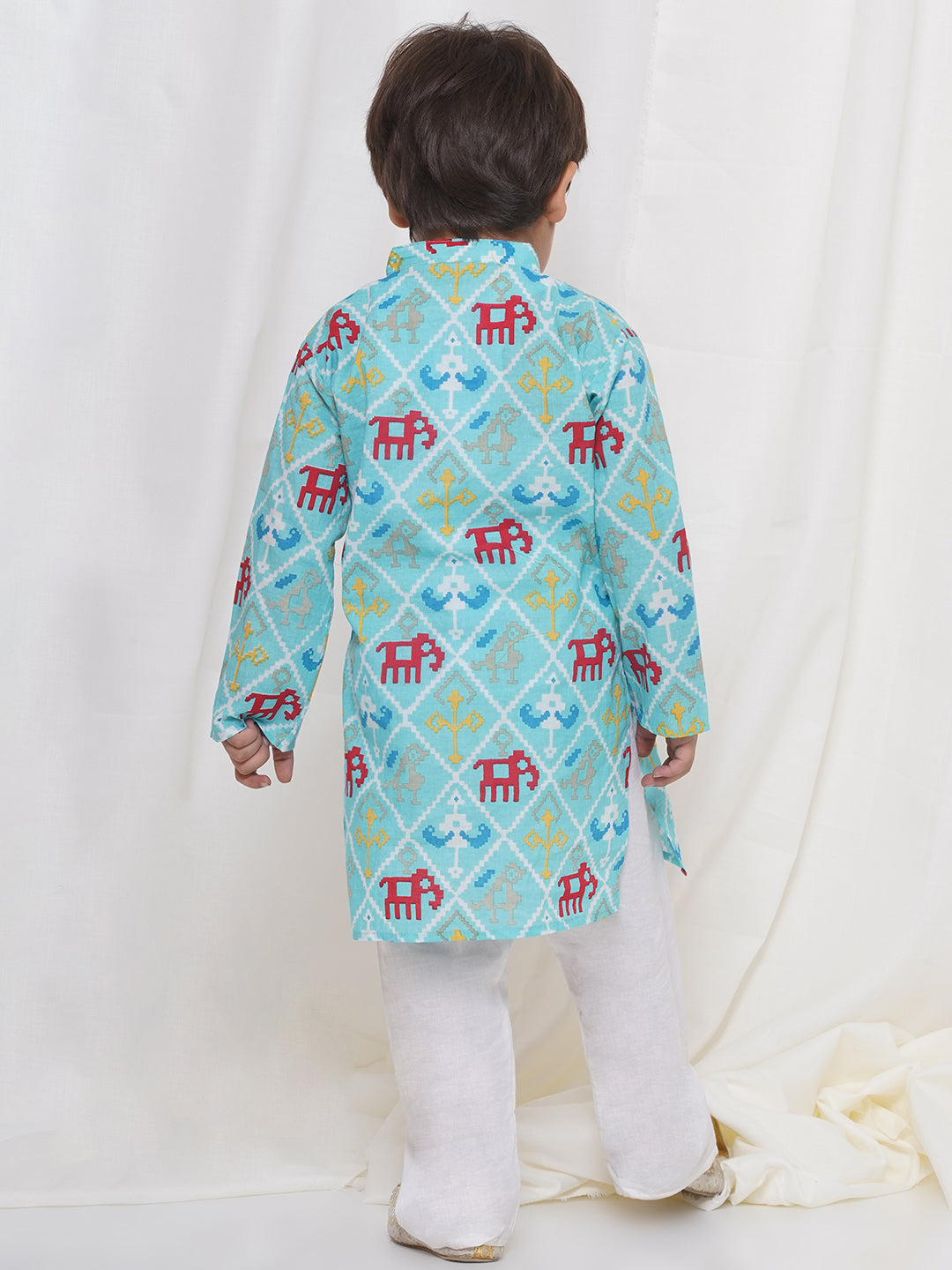 Kids Boys Grey Animal Print Cotton Kurta Pyjama Set - AJ Dezines