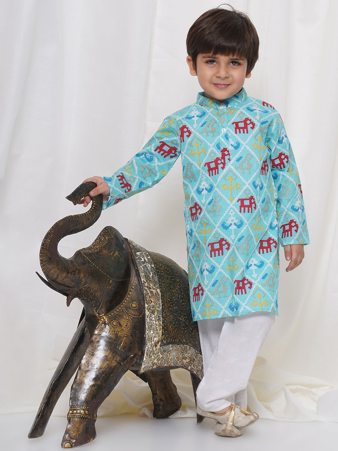 Kids Boys Grey Animal Print Cotton Kurta Pyjama Set - AJ Dezines