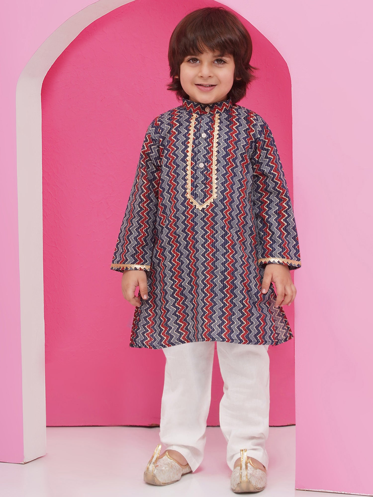 Dark Blue Pure Cotton Full Sleeves Printed Kurta Pyjama Set For Boys - AJ Dezines