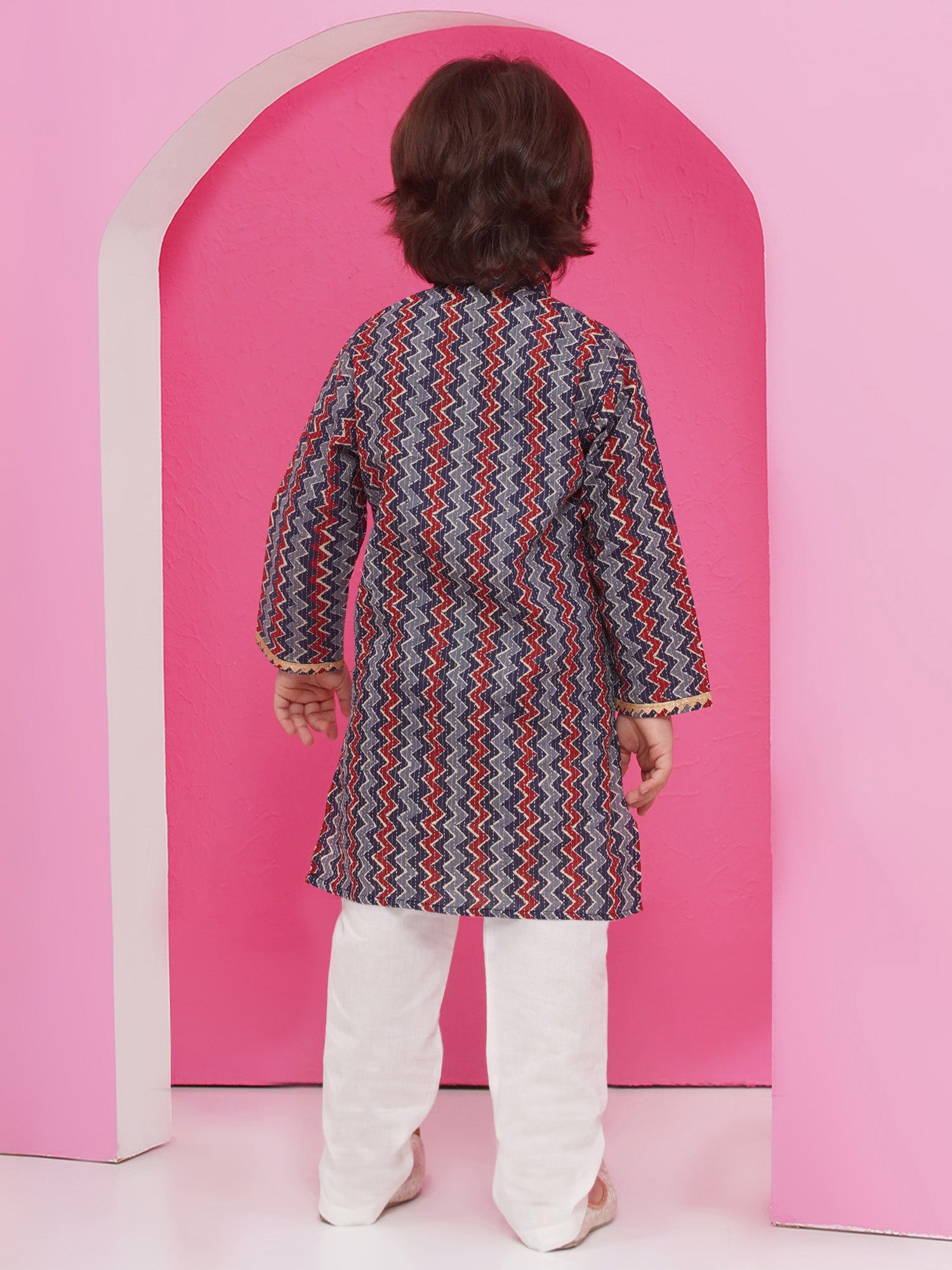 Dark Blue Pure Cotton Full Sleeves Printed Kurta Pyjama Set For Boys - AJ Dezines