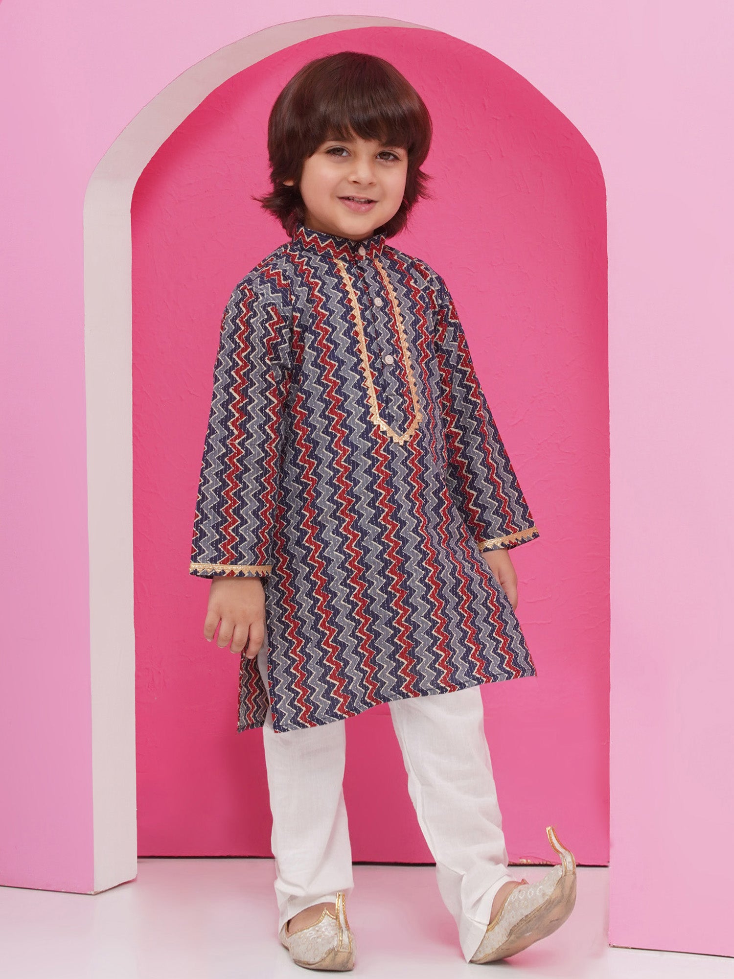 Dark Blue Pure Cotton Full Sleeves Printed Kurta Pyjama Set For Boys - AJ Dezines