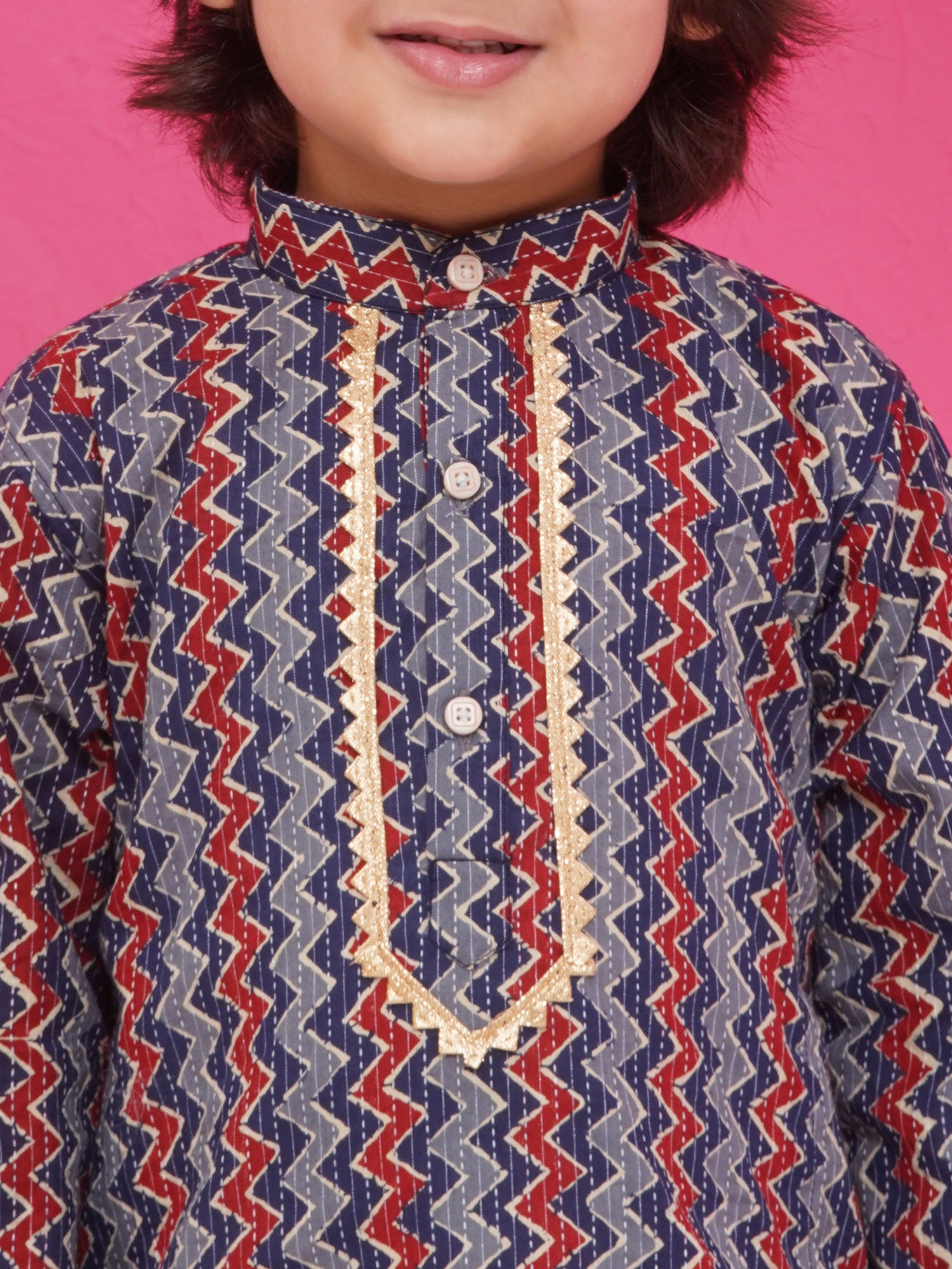 Dark Blue Pure Cotton Full Sleeves Printed Kurta Pyjama Set For Boys - AJ Dezines
