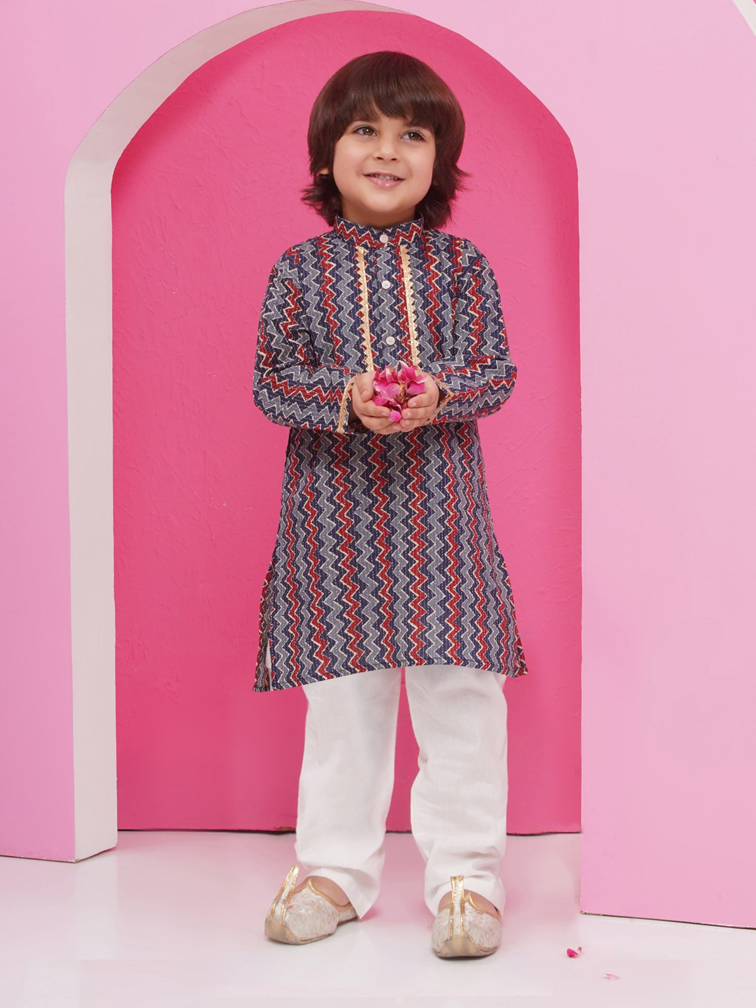 Dark Blue Pure Cotton Full Sleeves Printed Kurta Pyjama Set For Boys - AJ Dezines