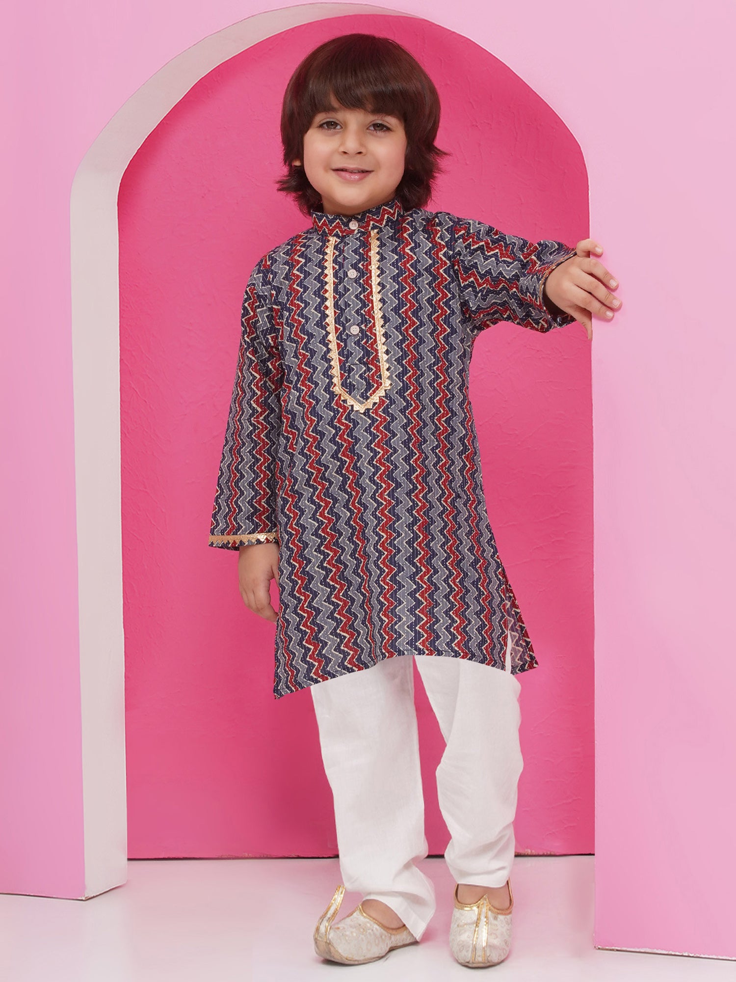 Dark Blue Pure Cotton Full Sleeves Printed Kurta Pyjama Set For Boys - AJ Dezines