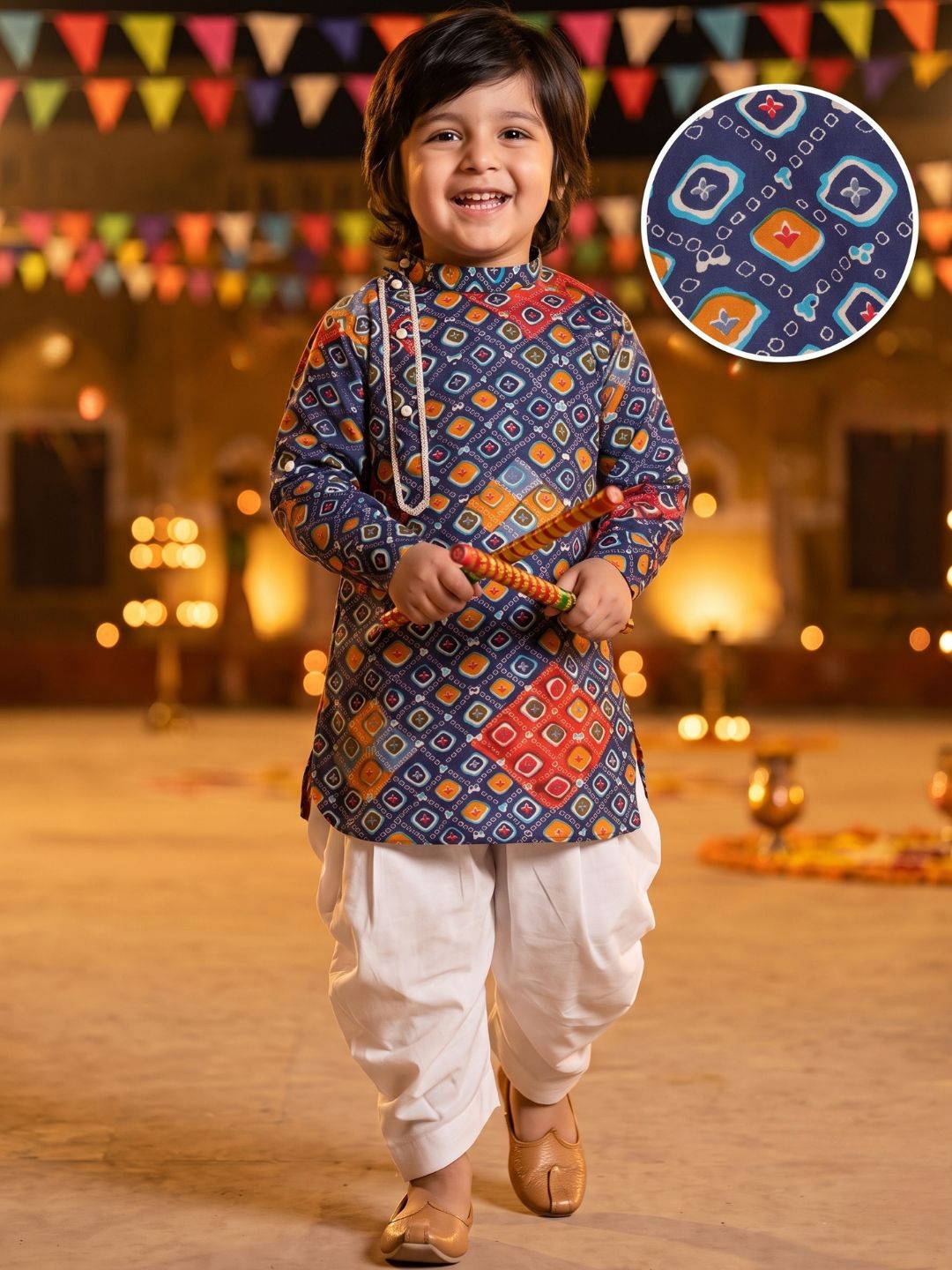 Dark Blue Cotton Full Sleeves Printed Kurta Pyjama Set For Boys