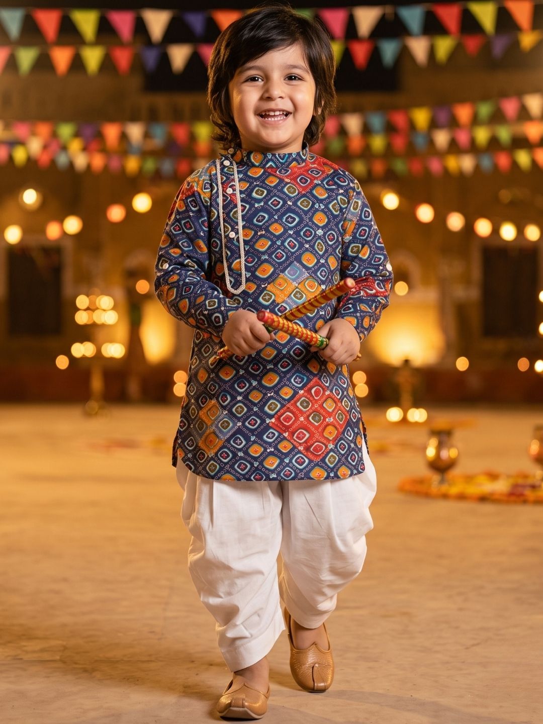 Dark Blue Cotton Full Sleeves Printed Kurta Pyjama Set For Boys
