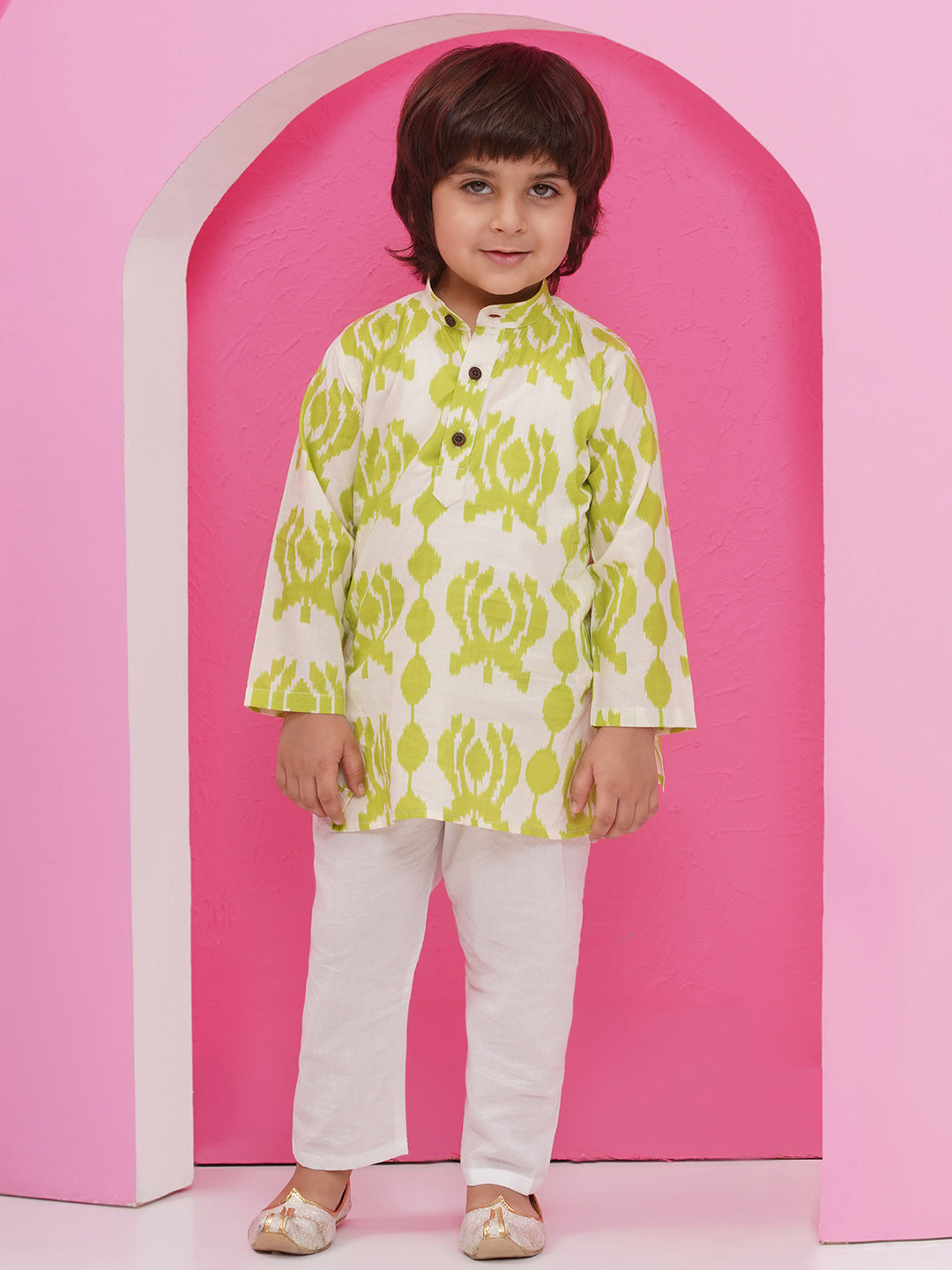 GREEN Pure Cotton Full sleeves Printed Kurta Pyjama Set for Boys - AJ Dezines
