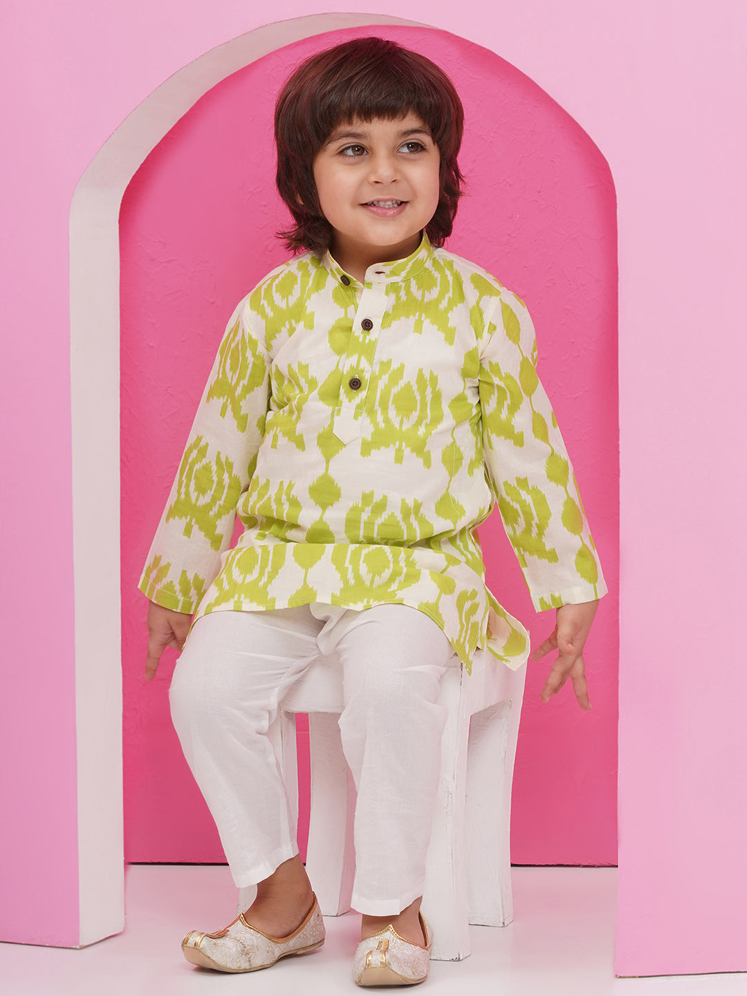 GREEN Pure Cotton Full sleeves Printed Kurta Pyjama Set for Boys - AJ Dezines