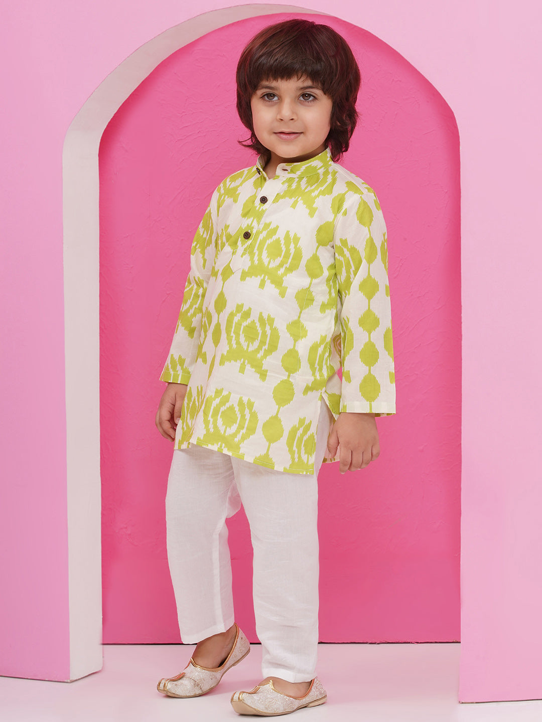 GREEN Pure Cotton Full sleeves Printed Kurta Pyjama Set for Boys - AJ Dezines