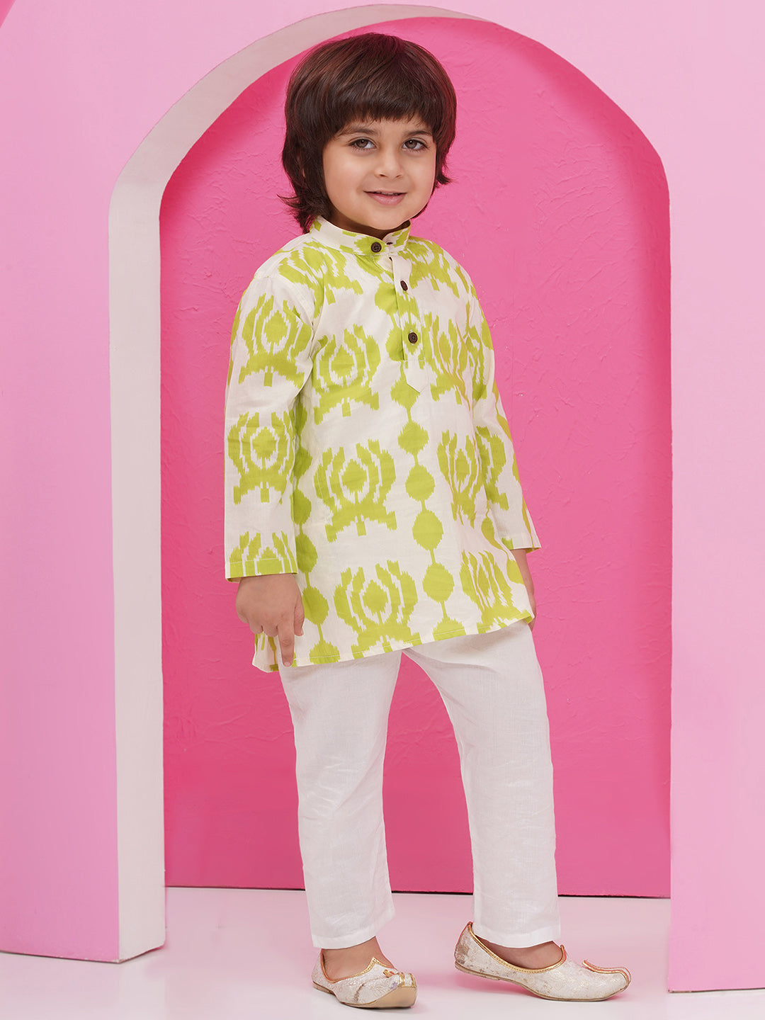 GREEN Pure Cotton Full sleeves Printed Kurta Pyjama Set for Boys - AJ Dezines