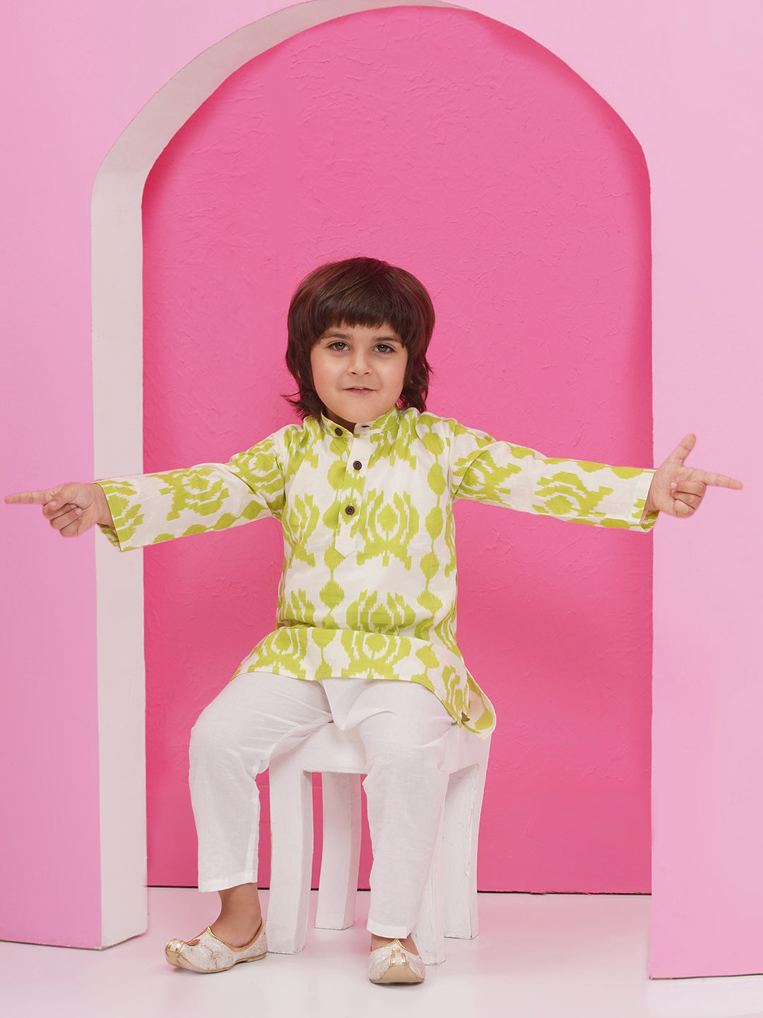 GREEN Pure Cotton Full sleeves Printed Kurta Pyjama Set for Boys - AJ Dezines