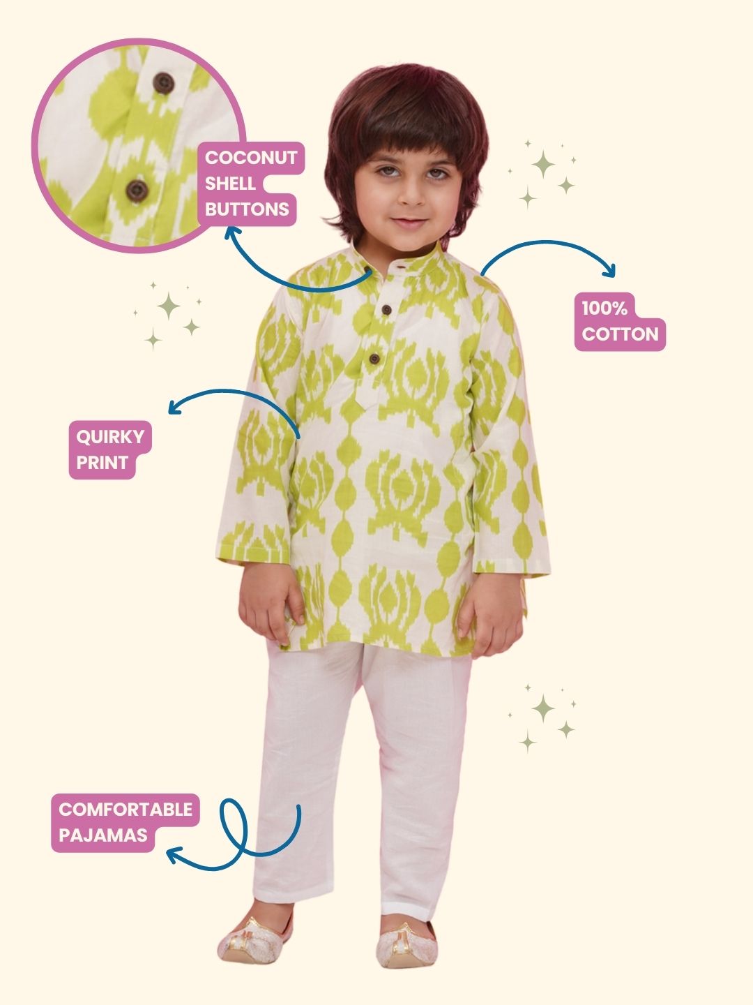 GREEN Pure Cotton Full sleeves Printed Kurta Pyjama Set for Boys - AJ Dezines