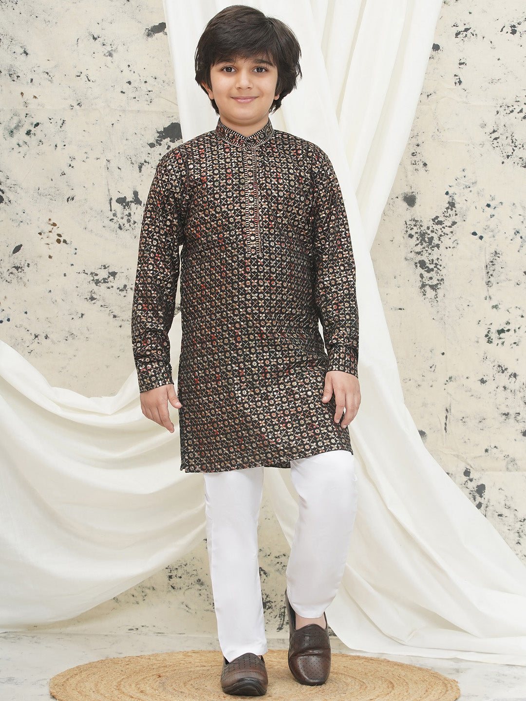 Gold Full sleeves Sequenced Cotton Blend Kurta Pyjama For Boys - AJ Dezines