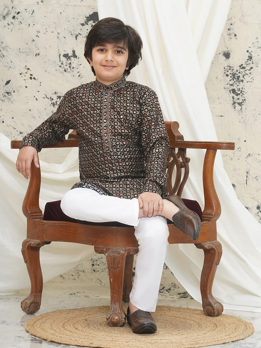 Gold Full sleeves Sequenced Cotton Blend Kurta Pyjama For Boys - AJ Dezines