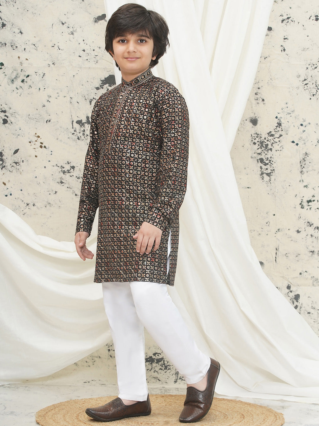 Gold Full sleeves Sequenced Cotton Blend Kurta Pyjama For Boys - AJ Dezines