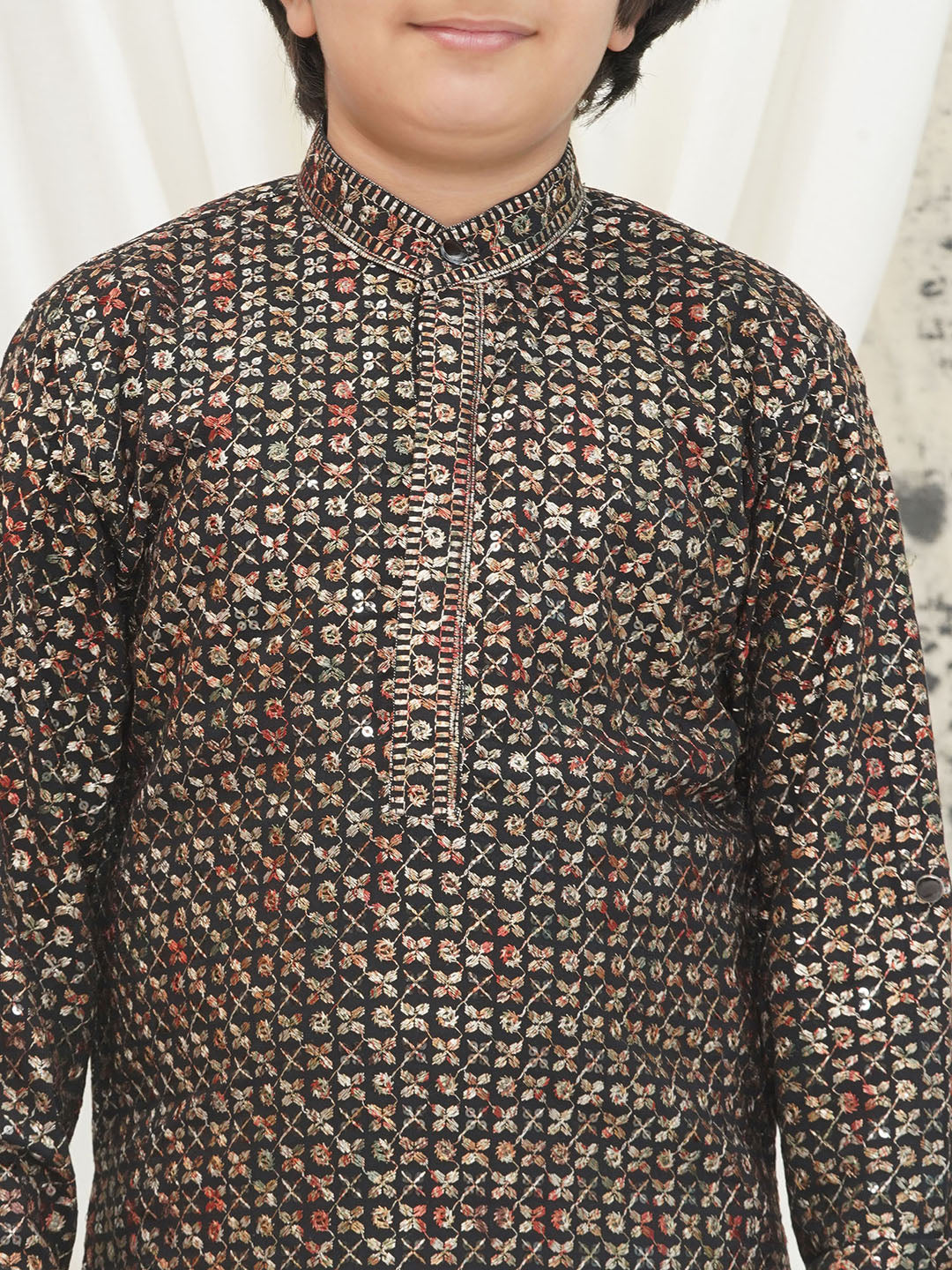 Gold Full sleeves Sequenced Cotton Blend Kurta Pyjama For Boys - AJ Dezines