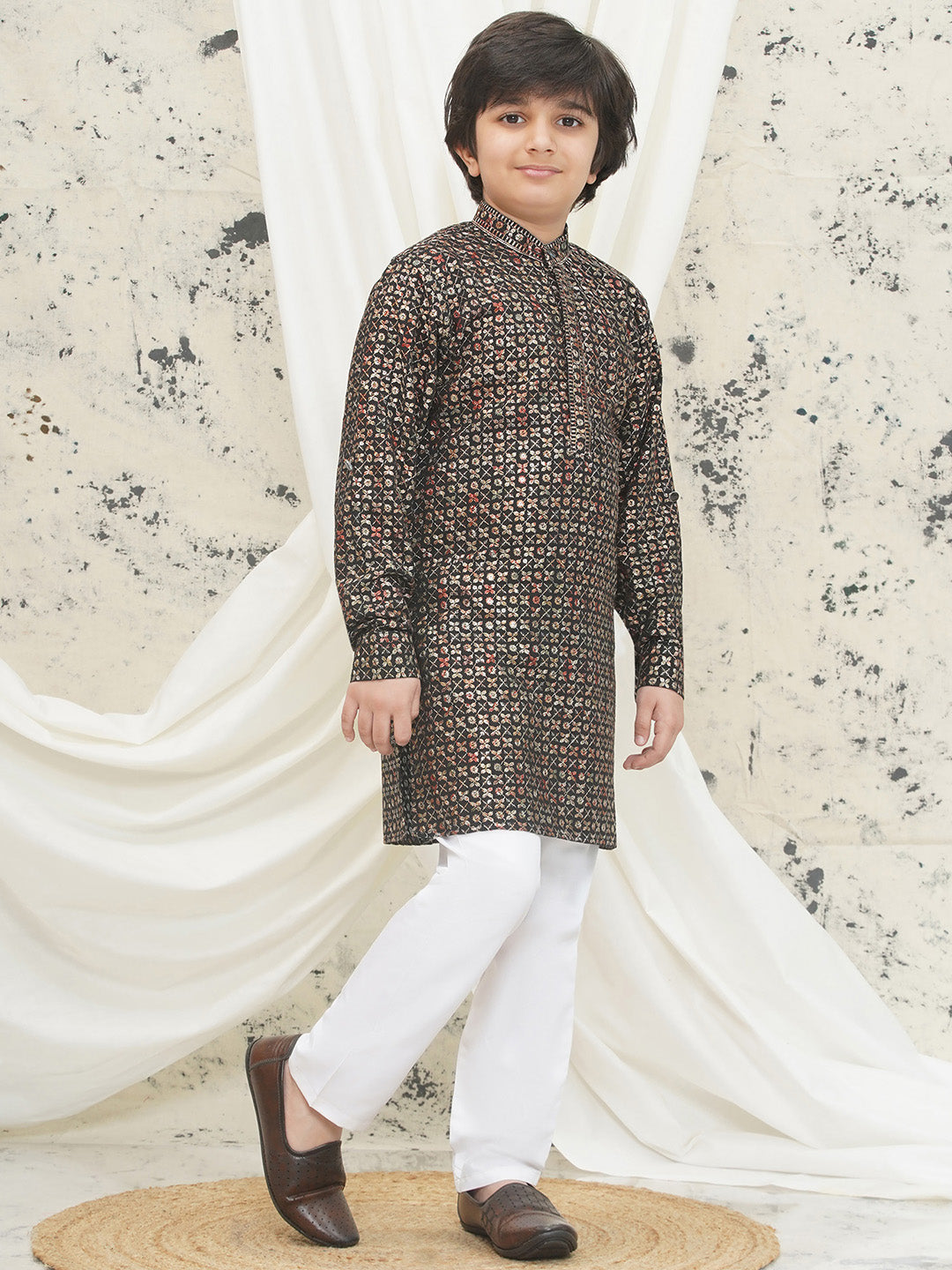 Gold Full sleeves Sequenced Cotton Blend Kurta Pyjama For Boys - AJ Dezines
