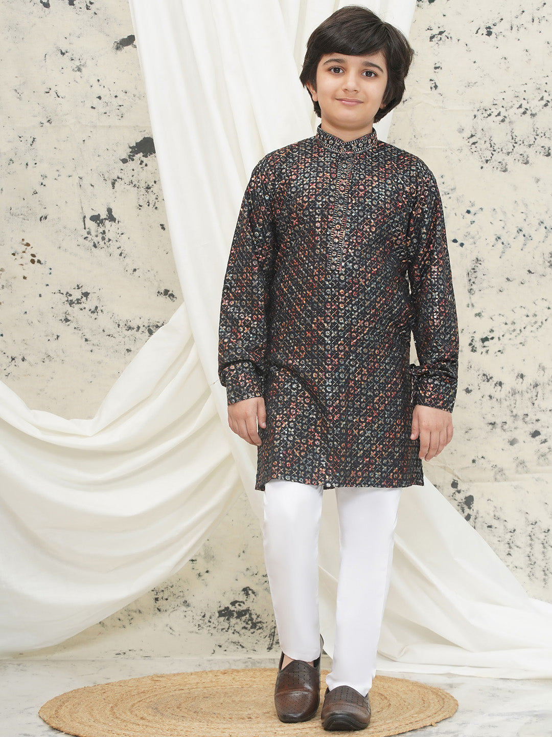 Green Full sleeves Sequenced Cotton Blend Kurta Pyjama For Boys - AJ Dezines