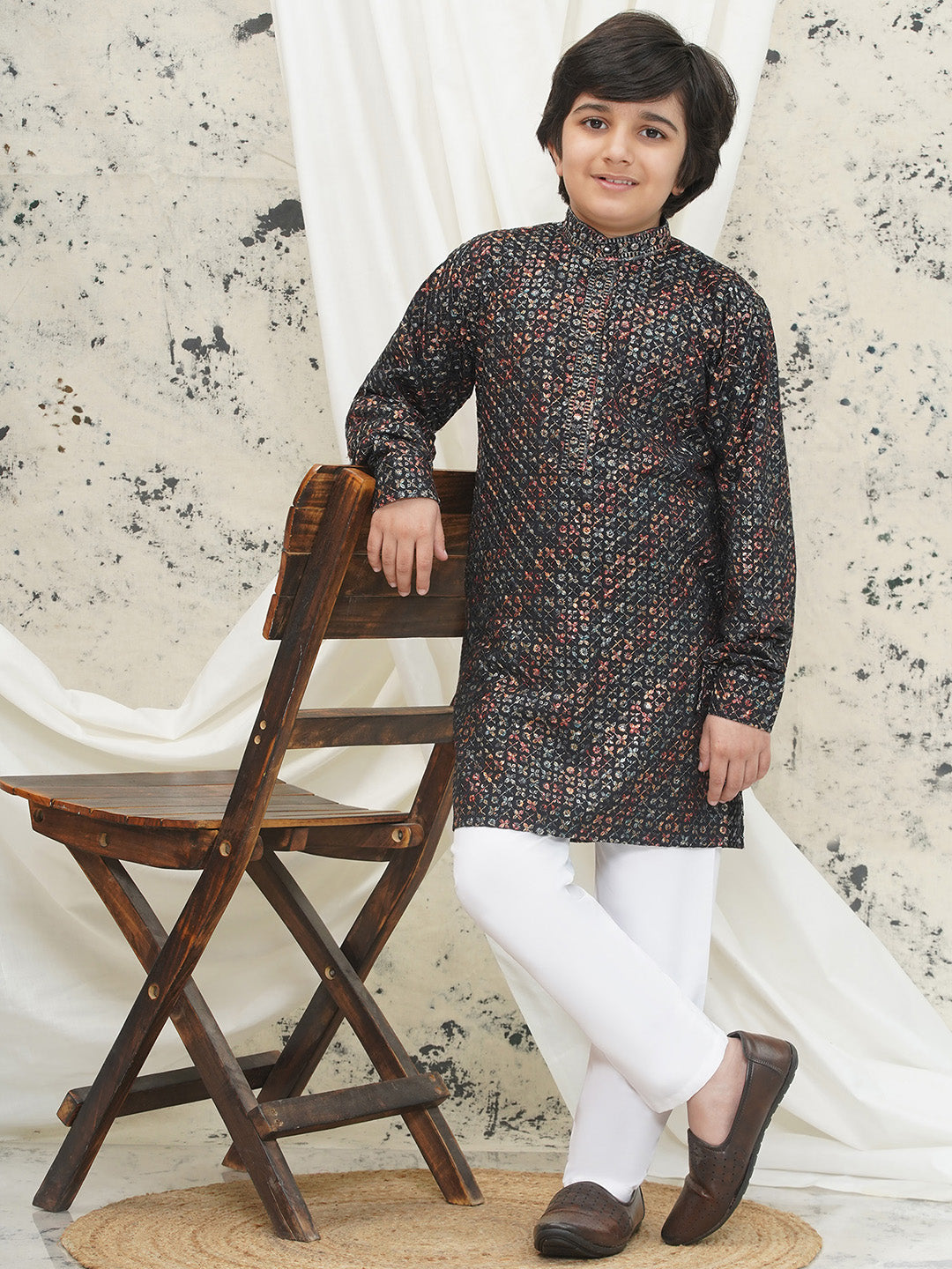 Green Full sleeves Sequenced Cotton Blend Kurta Pyjama For Boys - AJ Dezines