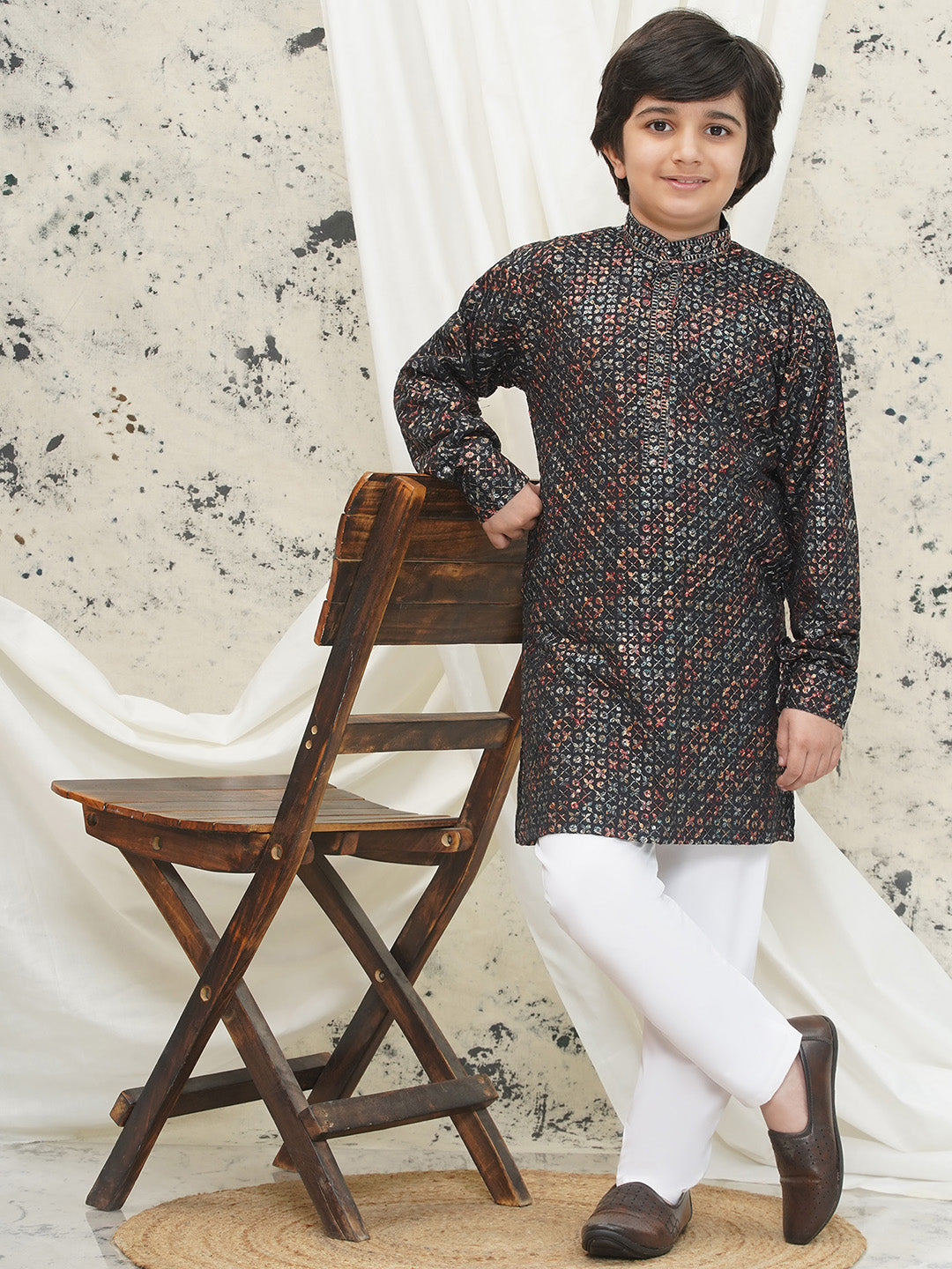 Green Full sleeves Sequenced Cotton Blend Kurta Pyjama For Boys - AJ Dezines
