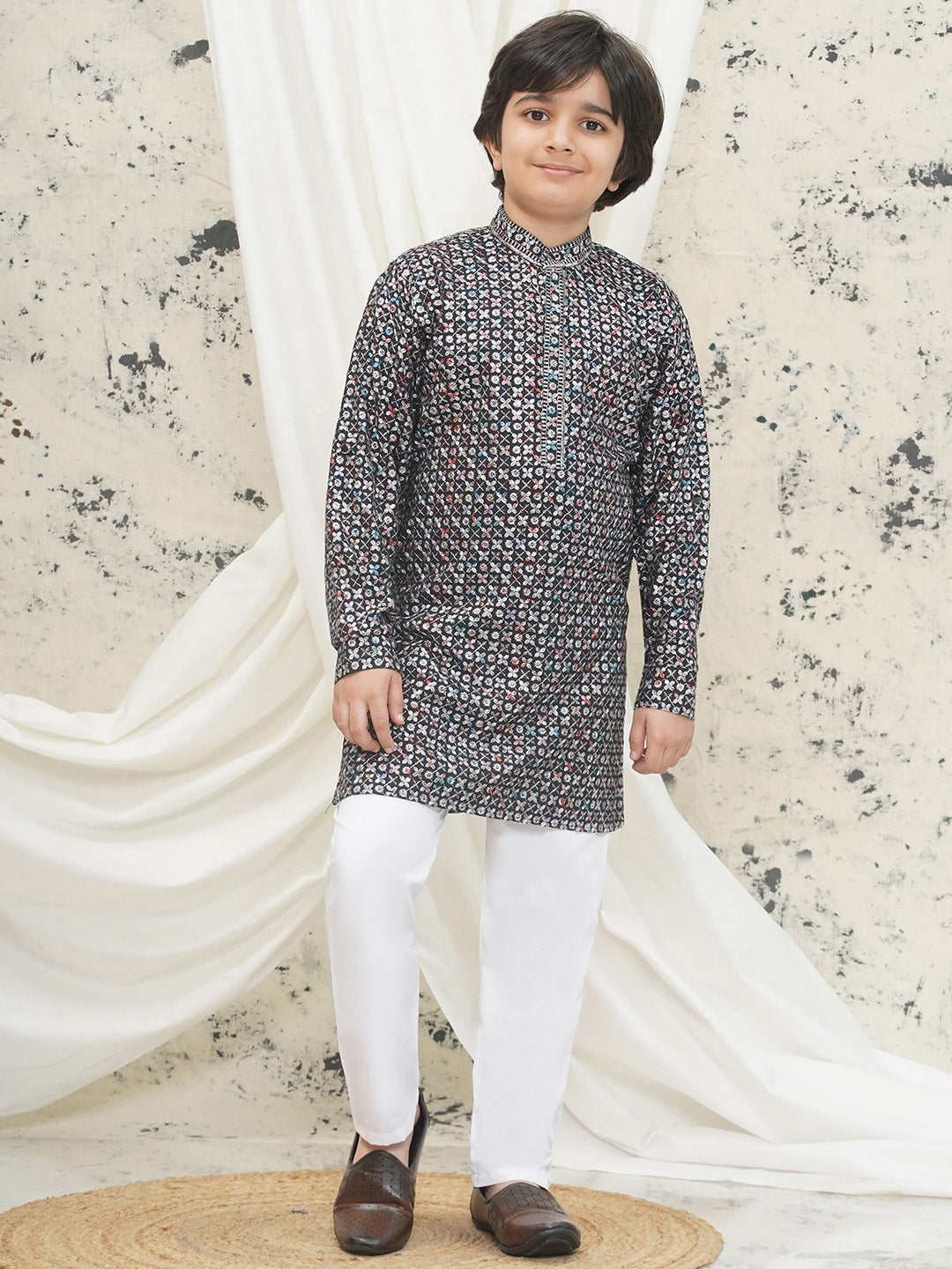 Grey Full sleeves Sequenced Cotton Blend Kurta Pyjama For Boys - AJ Dezines