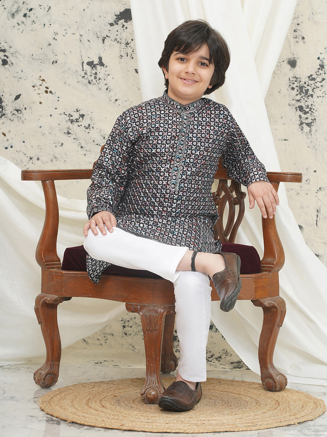 Grey Full sleeves Sequenced Cotton Blend Kurta Pyjama For Boys - AJ Dezines